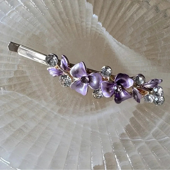 Purple Floral Romantic Gold Hair Pin w/ Crystal Rhinestones & Enamel - Picture 1 of 5